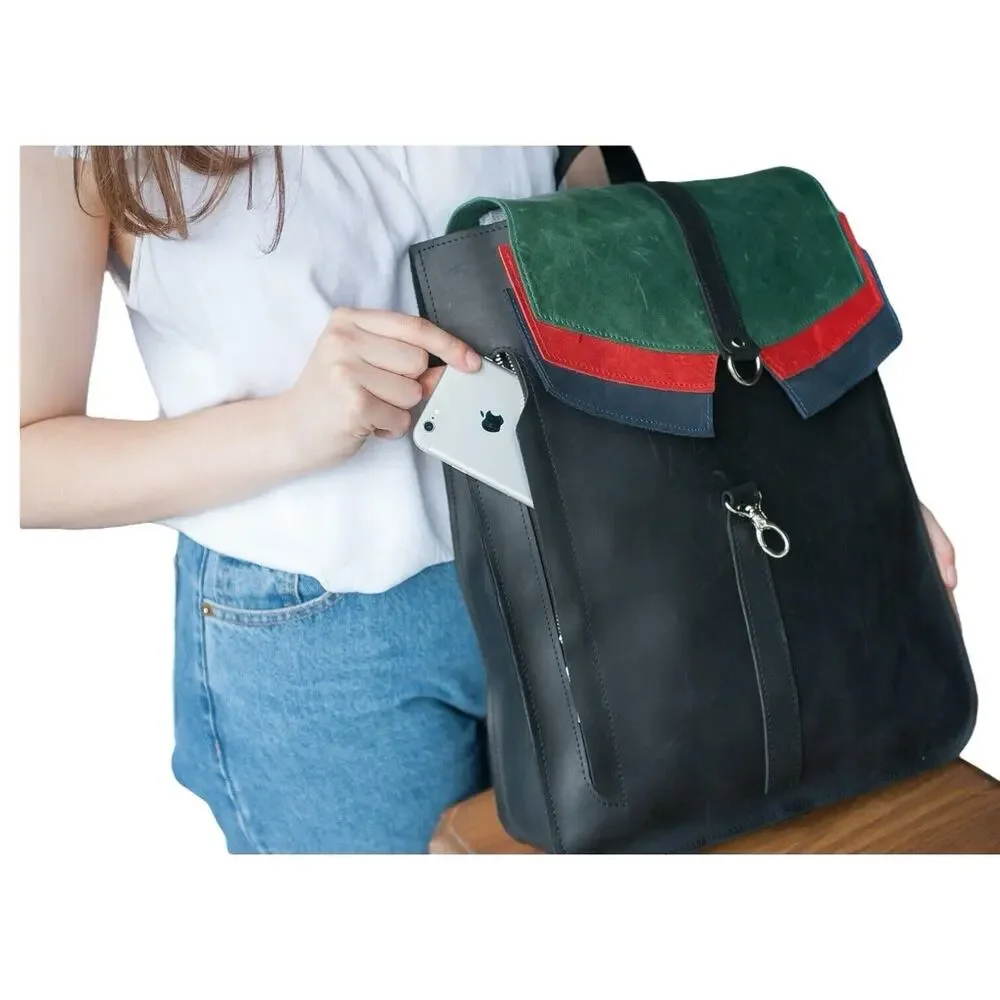 Leather Handmade Backpack Laptop Flap Closure Adjustable Clasp Unisex Brown